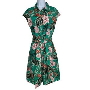 Zara Green Floral Print 100% Cotton Shirt Dress Cap Sleeve Pockets Women Large